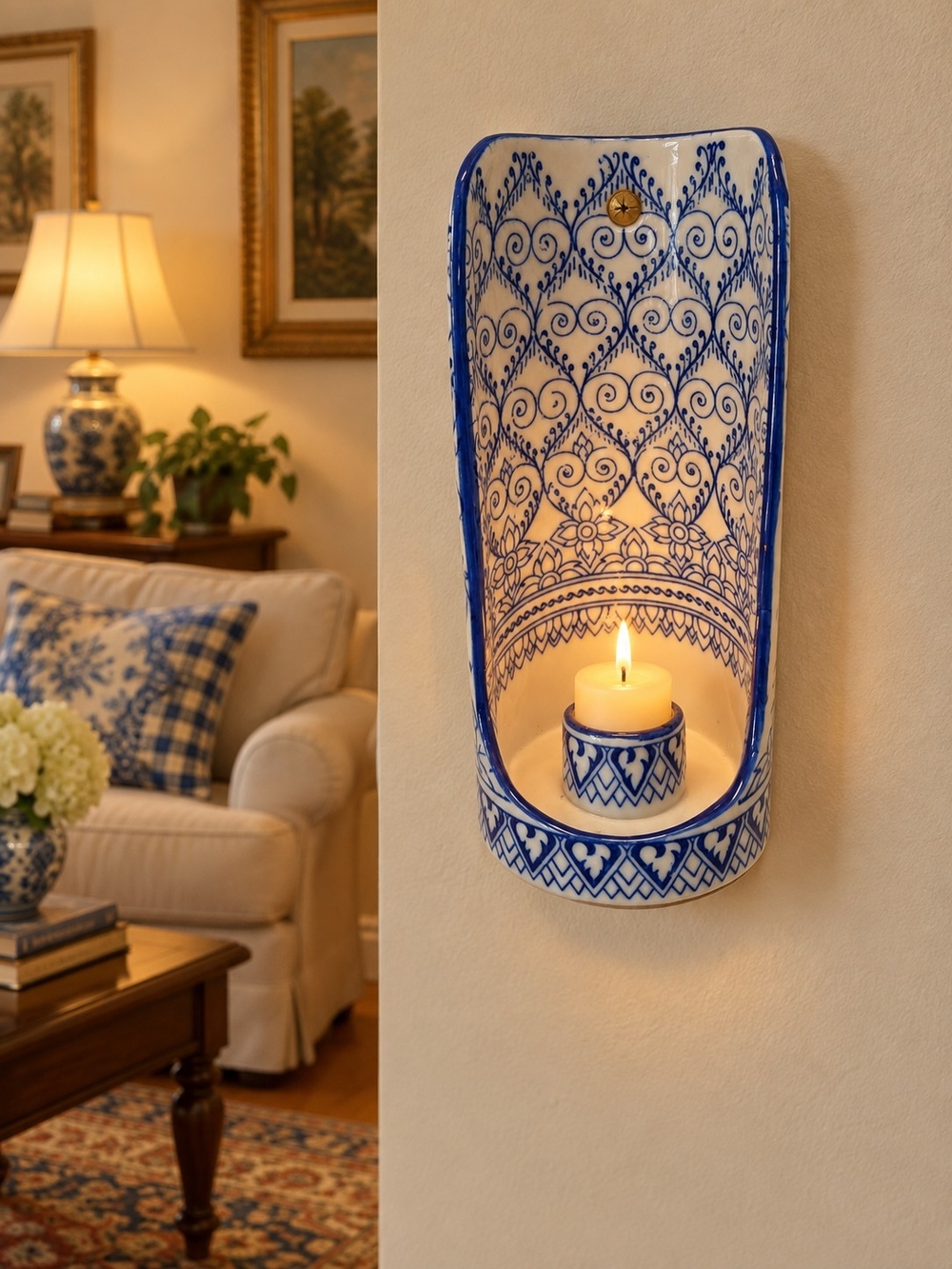 Vintage Pier One Blue and White Ceramic Wall Sconce Candle Holder